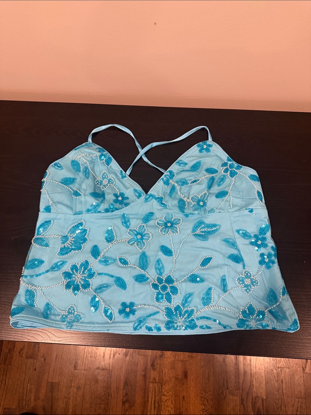 Embroidered Light Blue Floral Cami with Crisscross Straps Size L.